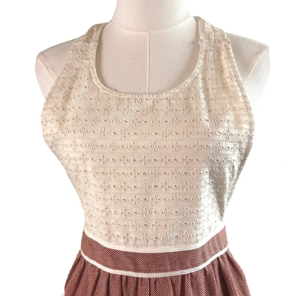 NWOT Sur La Table 100%‎ Cotton Retro Tweed Eyelet Apron Rust Cream Herringbone